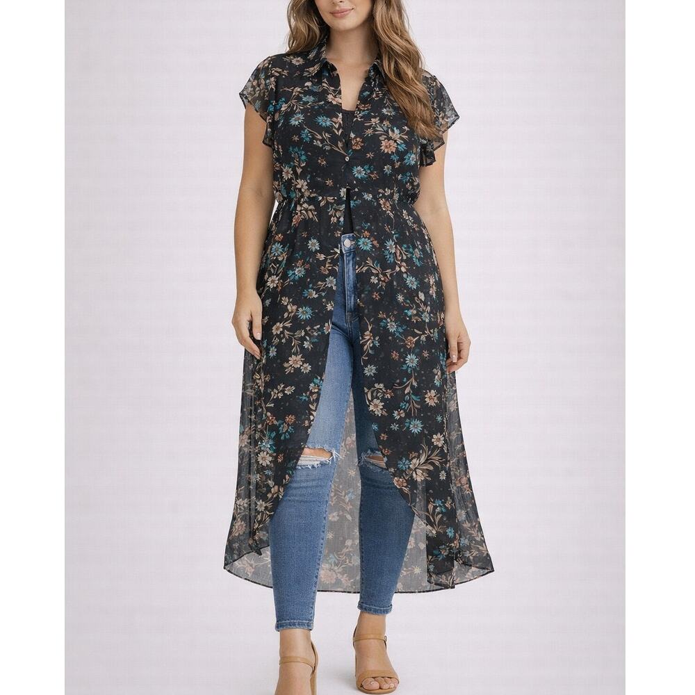 Boutique+ Floral High-Low Duster Kimono Black Women’s Size 1X